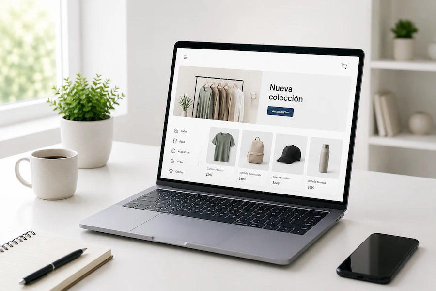 Diseño web y ecommerce — laptop mostrando una tienda WooCommerce optimizada