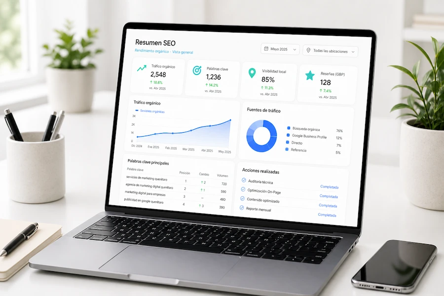 Tablero de SEO local mostrando posiciones en Google y citas en IAs (ChatGPT, Perplexity, Gemini)