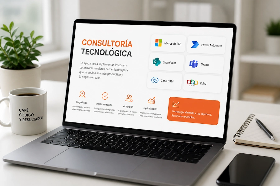 Consultoría Microsoft 365 y Zoho CRM — pantalla mostrando integración entre plataformas